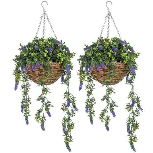 Set of 2 Decorative Artificial Plants, Faux Silk Lavender Flowers in Hanging Baskets