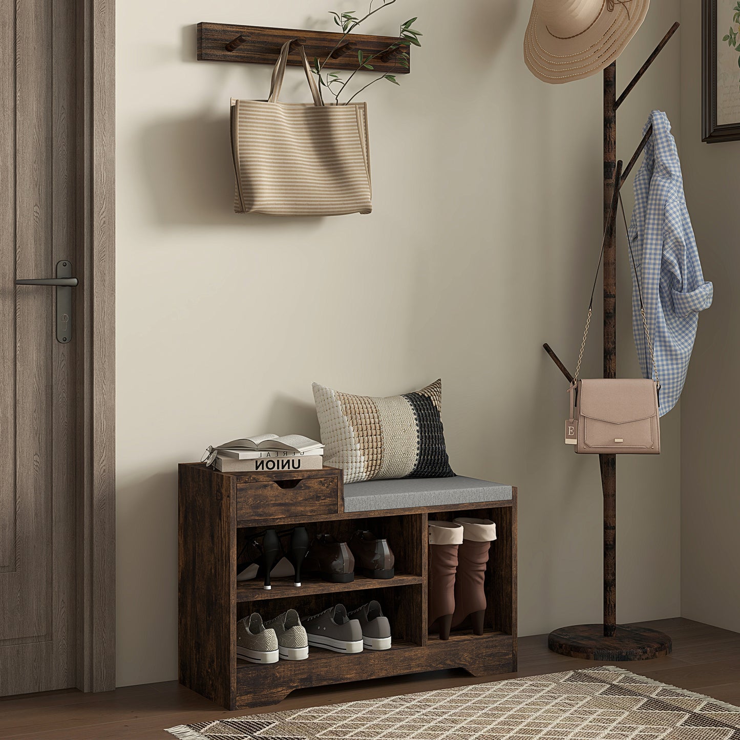 Multi-Compartment Shoe Bench, with Seat - Rustic Brown
