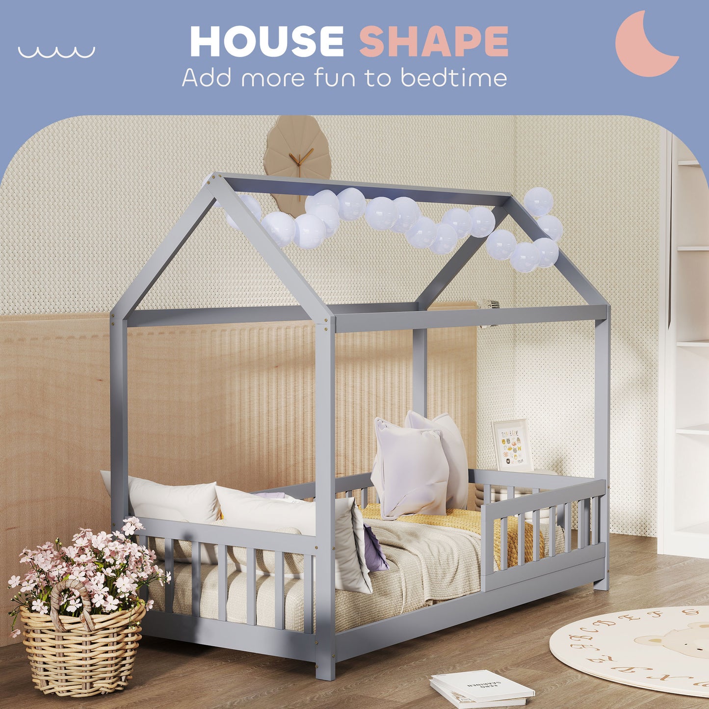 House-Shaped Kids Bed Frame with Guard Rails, Solid Pine Wood Single Bed Frame for Kids Boys and Girls, Grey