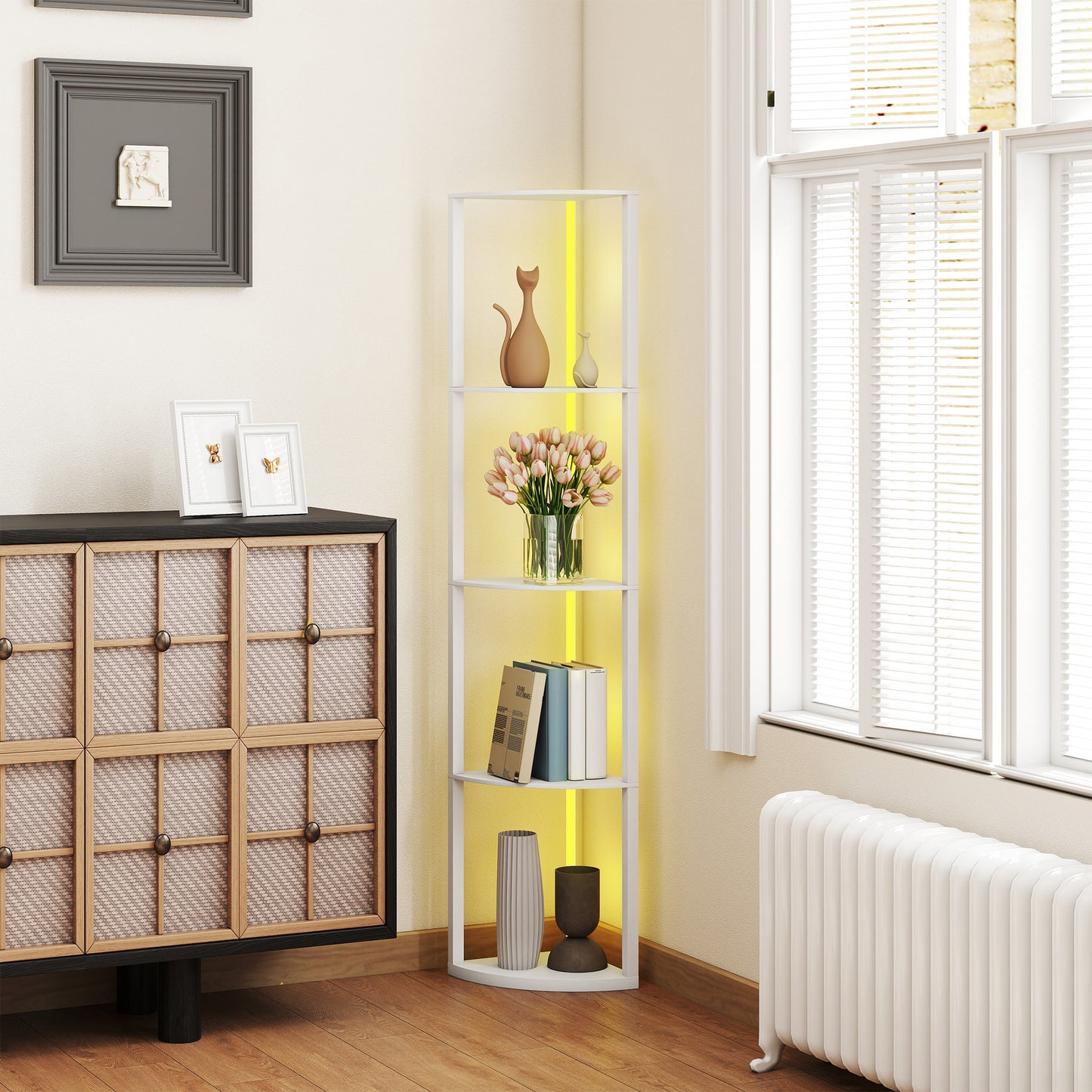 RGB LED Floor Lamp with Shelves, 4-Tier Dimmable Standing Lamp with Adjustable Brightness and Remote Control