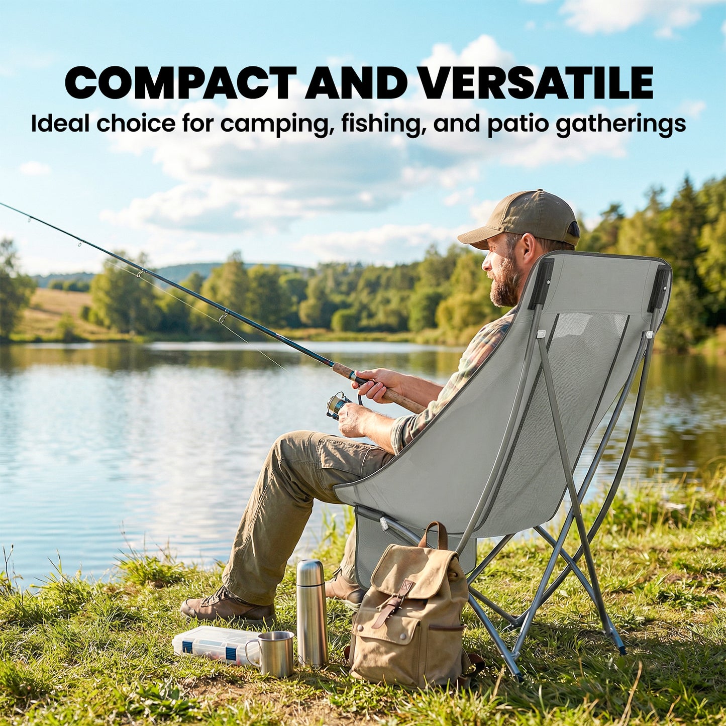 Camping Chair for Adults Heavy Duty Folding Camp Chair with Side Pocket and Carry Bag Light Grey