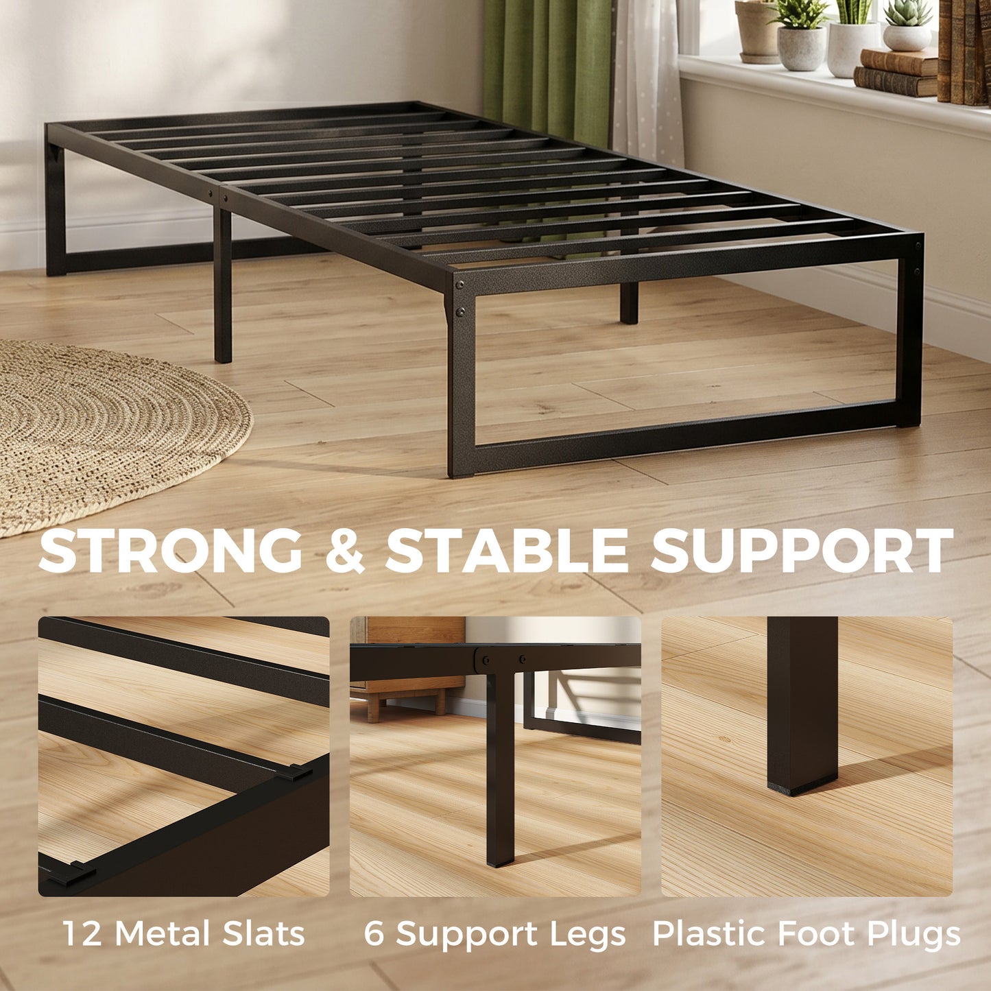 3ft Single Bed Frame with Underbed Storage and Steel Slat Support, 32.5 cm Height, Noise-Free, Black