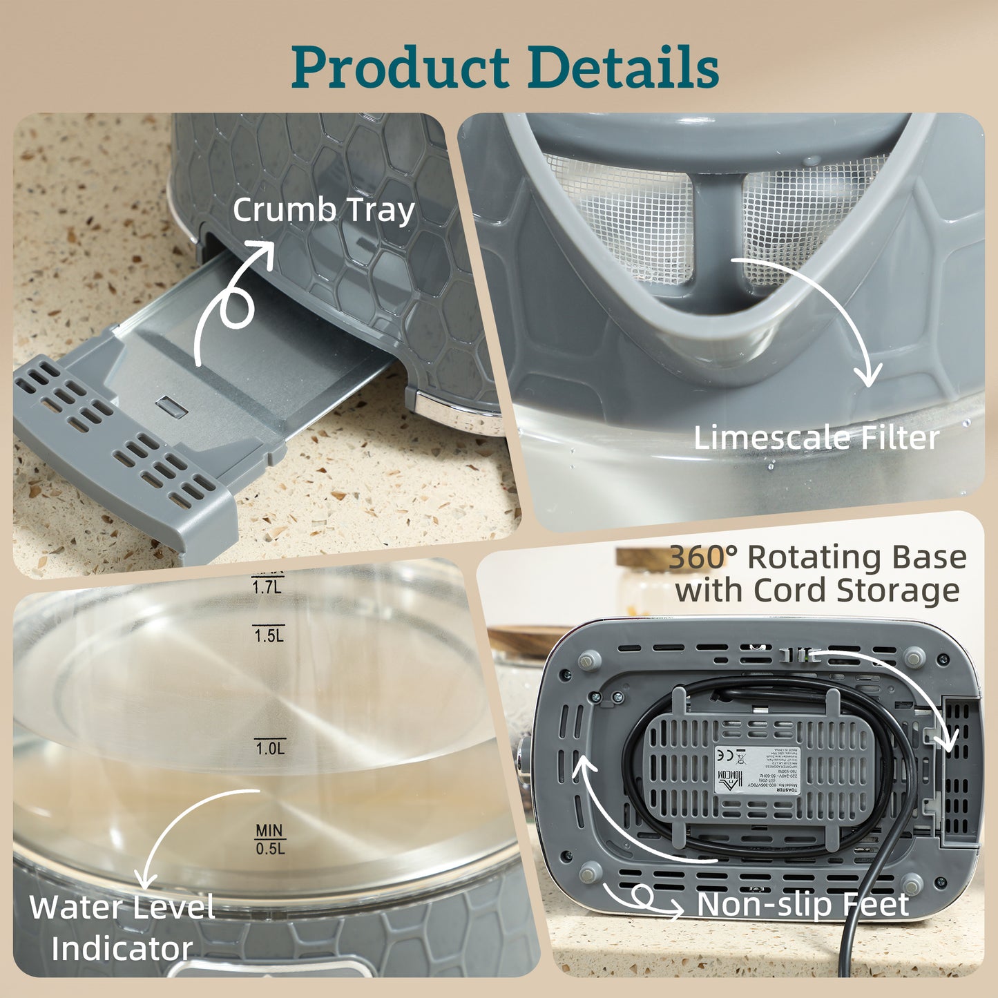 Kettle and Toaster Set, 1.7L 3000W Rapid Kettle with Limescale Filter, 2 Slice Toaster with 7 Browning Controls, Grey
