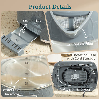 Kettle and Toaster Set, 1.7L 3000W Rapid Kettle with Limescale Filter, 2 Slice Toaster with 7 Browning Controls, Grey