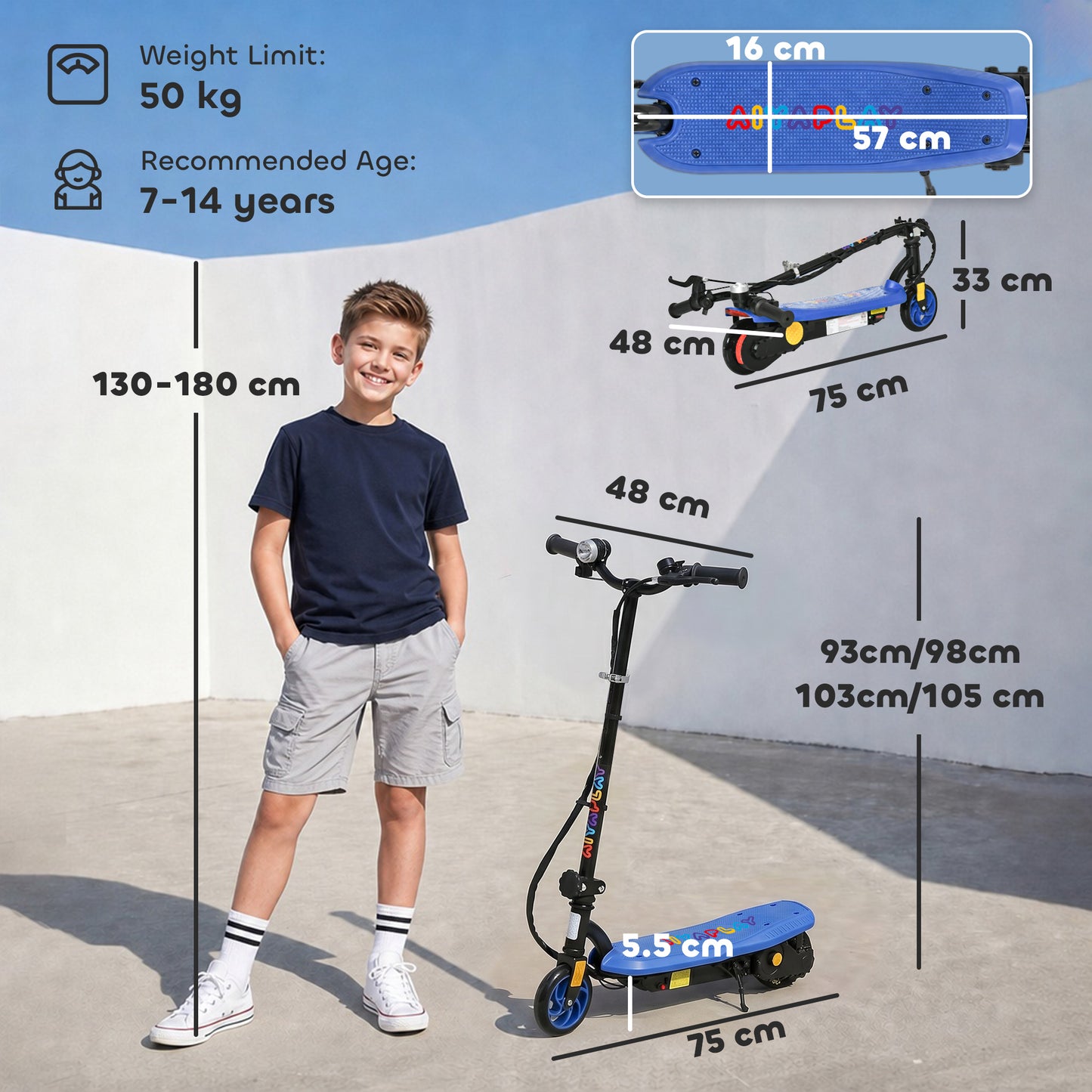 Foldable Electric Scooter, with LED Lights, for Ages 7-14 Years, Blue