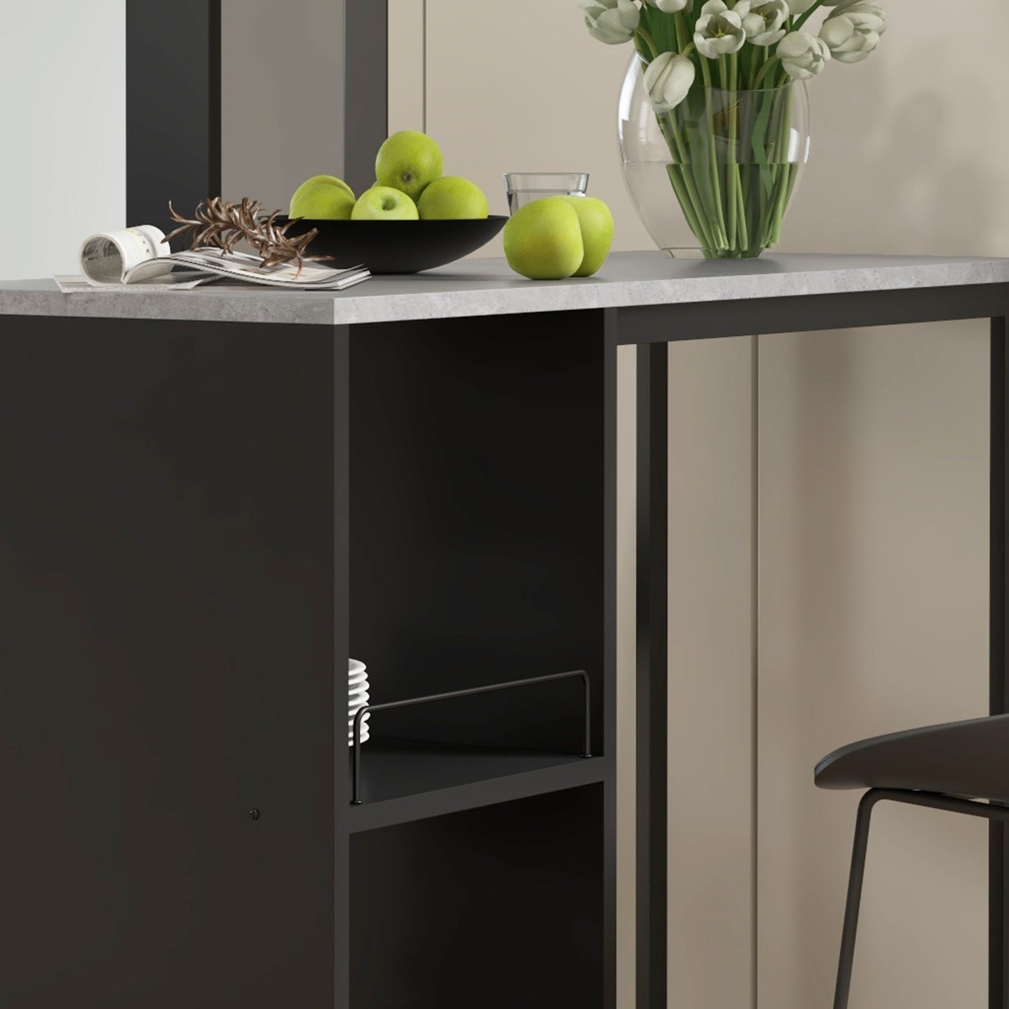Breakfast Bar Table, Bar Table with 3-Tier Storage Shelf and Wine Rack, 105W x 40D x 105H cm, Black