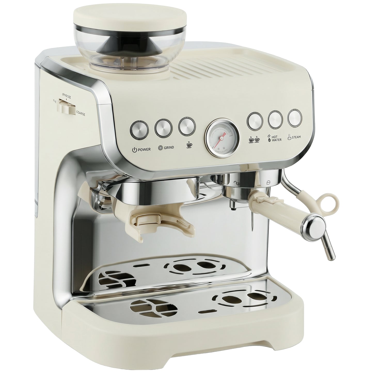 15 Bar Coffee Machine, with Adjustable Grind, Steamer and Accessories - Cream White