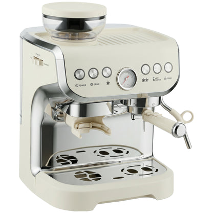 15 Bar Coffee Machine, with Adjustable Grind, Steamer and Accessories - Cream White