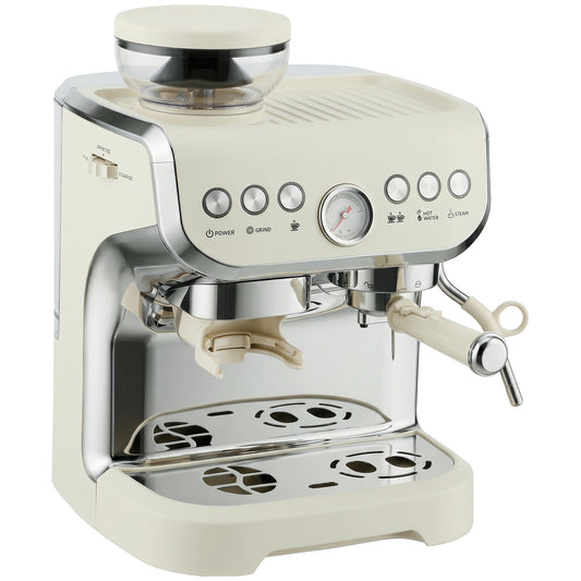 15 Bar Coffee Machine, with Adjustable Grind, Steamer and Accessories - Cream White