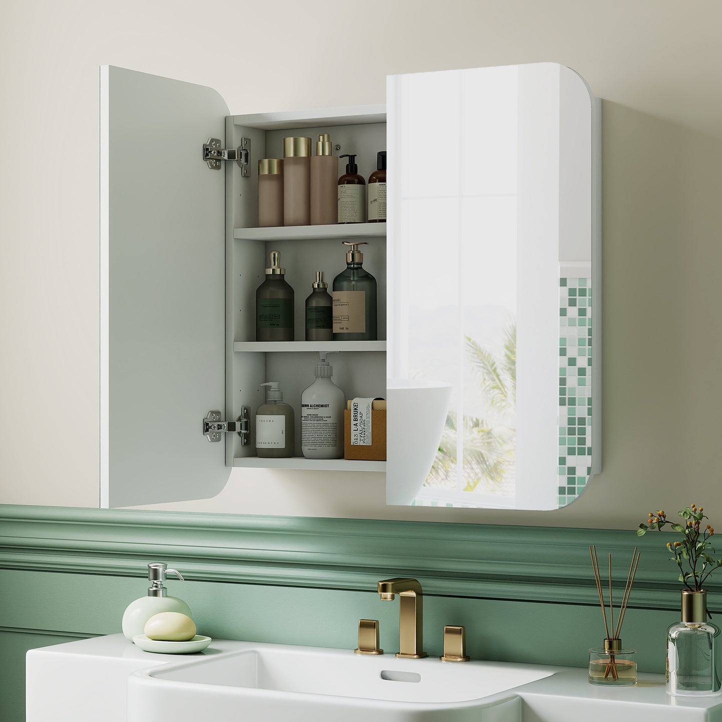 Arched Bathroom Mirror Cabinet with Adjustable Shelves - White