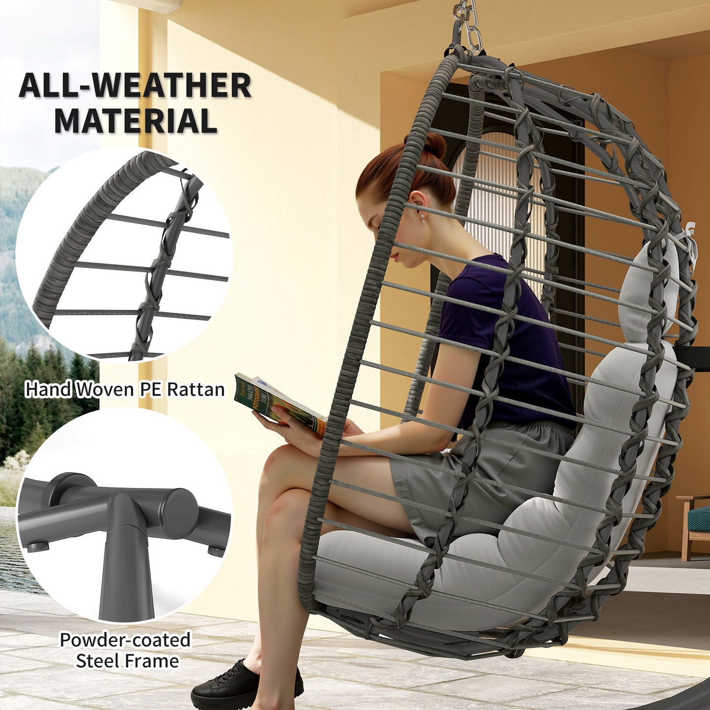 Rattan Hanging Egg Chair, Foldable Wicker Hammock Swing Chair with Cushion, Stand, Adjustable Height, Head Pillow