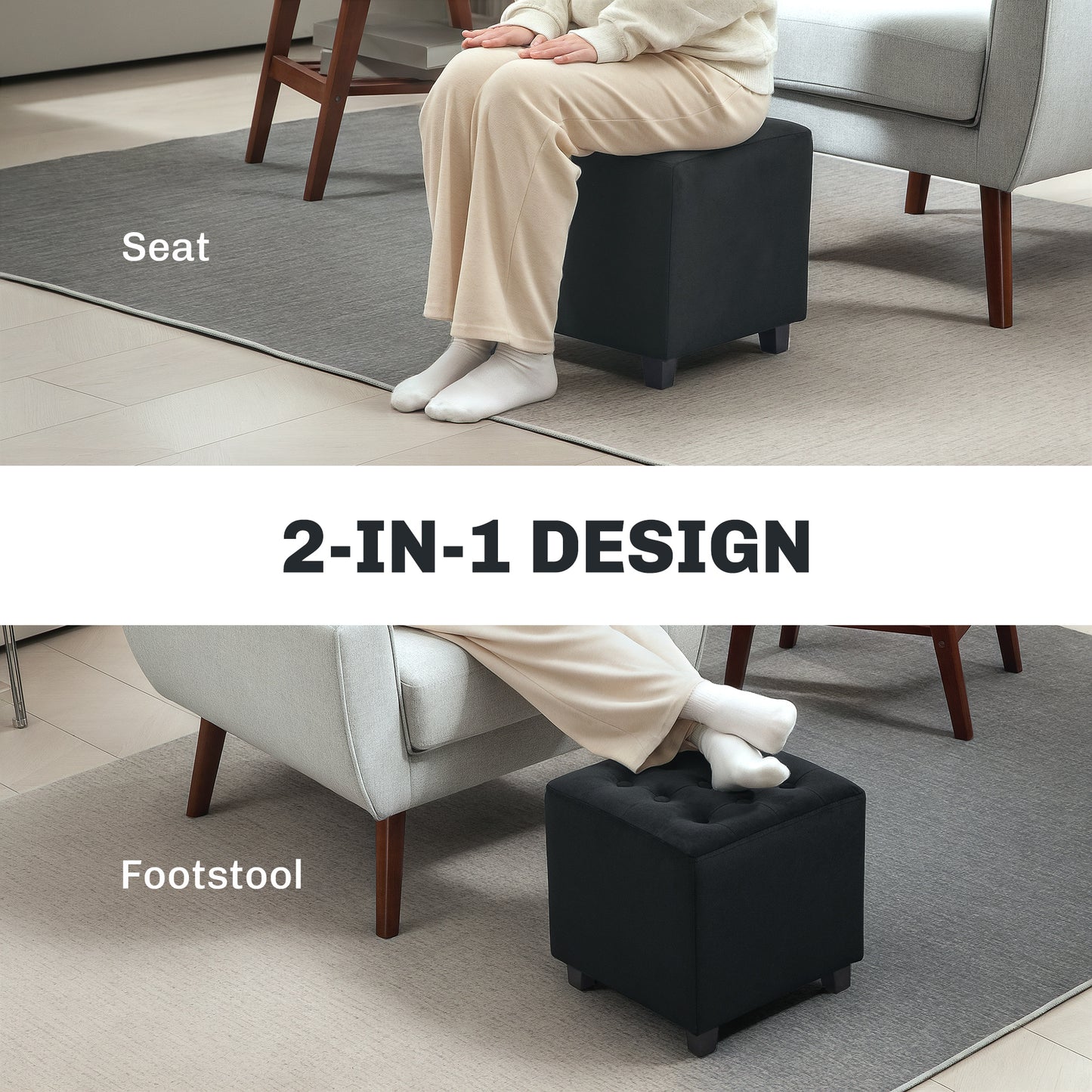 Velvet-Feel Square Ottoman - Grey