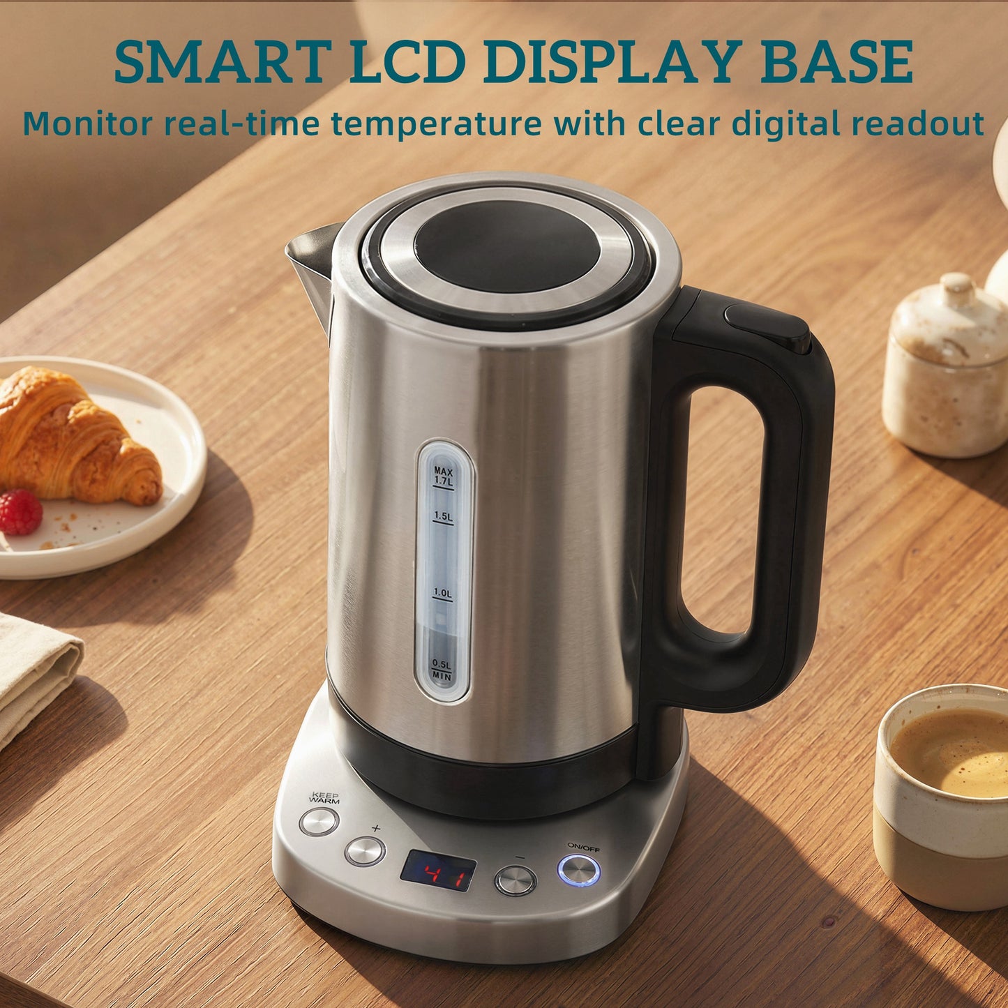 Electric Kettle, 1.7L, Fast Boil, 3kW Water Kettle with UK Strix Thermostat, Keep Warm Function, LCD Base, Silver Tone