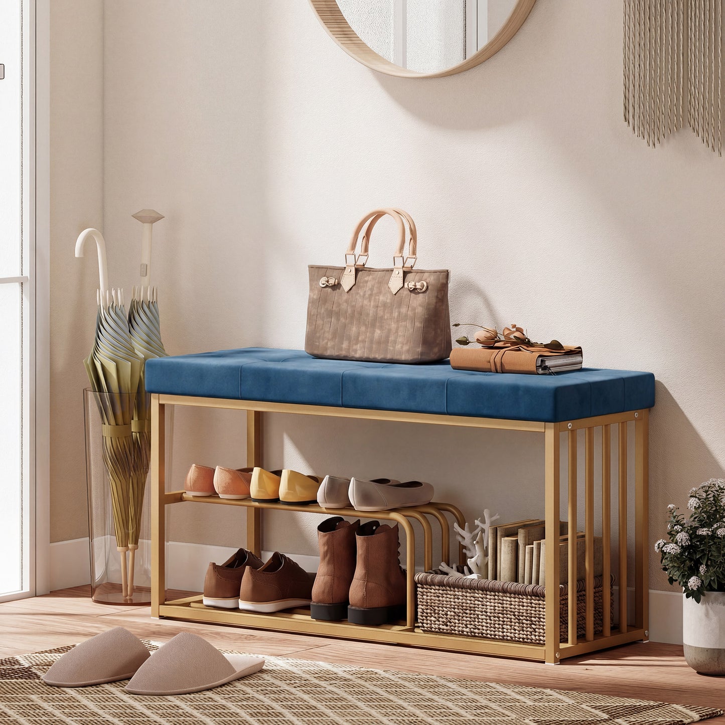 Bench and Shoe Storage, Tufted Shoe Storage Bench with Velvet Seat Cushion Gold Steel Frame for Entryway, Dark Blue