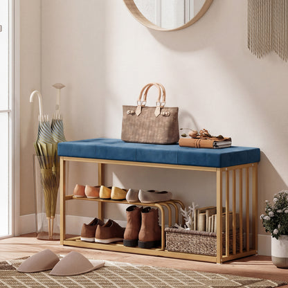 Bench and Shoe Storage, Tufted Shoe Storage Bench with Velvet Seat Cushion Gold Steel Frame for Entryway, Dark Blue