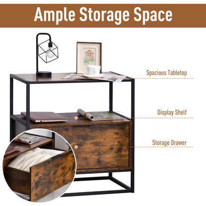Industrial-Style Side Table w/ Drawer Open Shelf Steel Frame Large Base Two-Tone Retro Stylish Home Furniture Bedroom Living