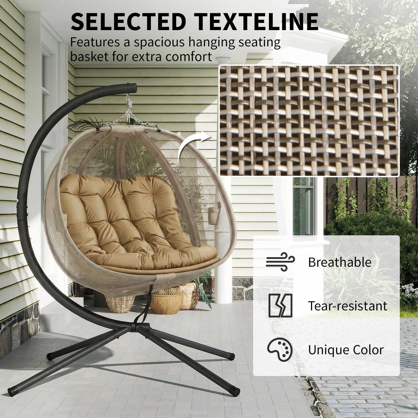 Double Hanging Egg Chair 2 Seaters Texteline Swing Hammock Chair with Stand, Cushion and Folding Design