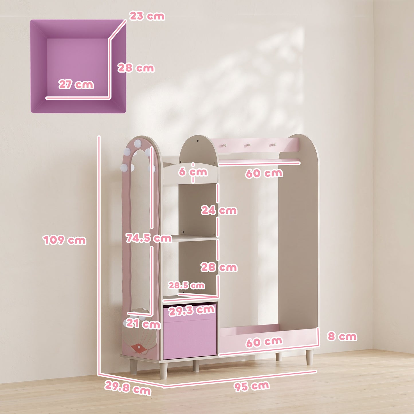 Kids Clothing Rack, Kids Wardrobe with Glowing Lights Mirror, Non-Woven Drawer and Shelves for Bedroom, Ages 3-8, Pink