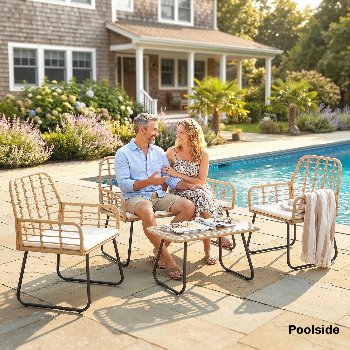 4 Piece Rattan Garden Furniture Set, Outdoor Patio Furniture with Loveseat, Armchairs and Coffee Table
