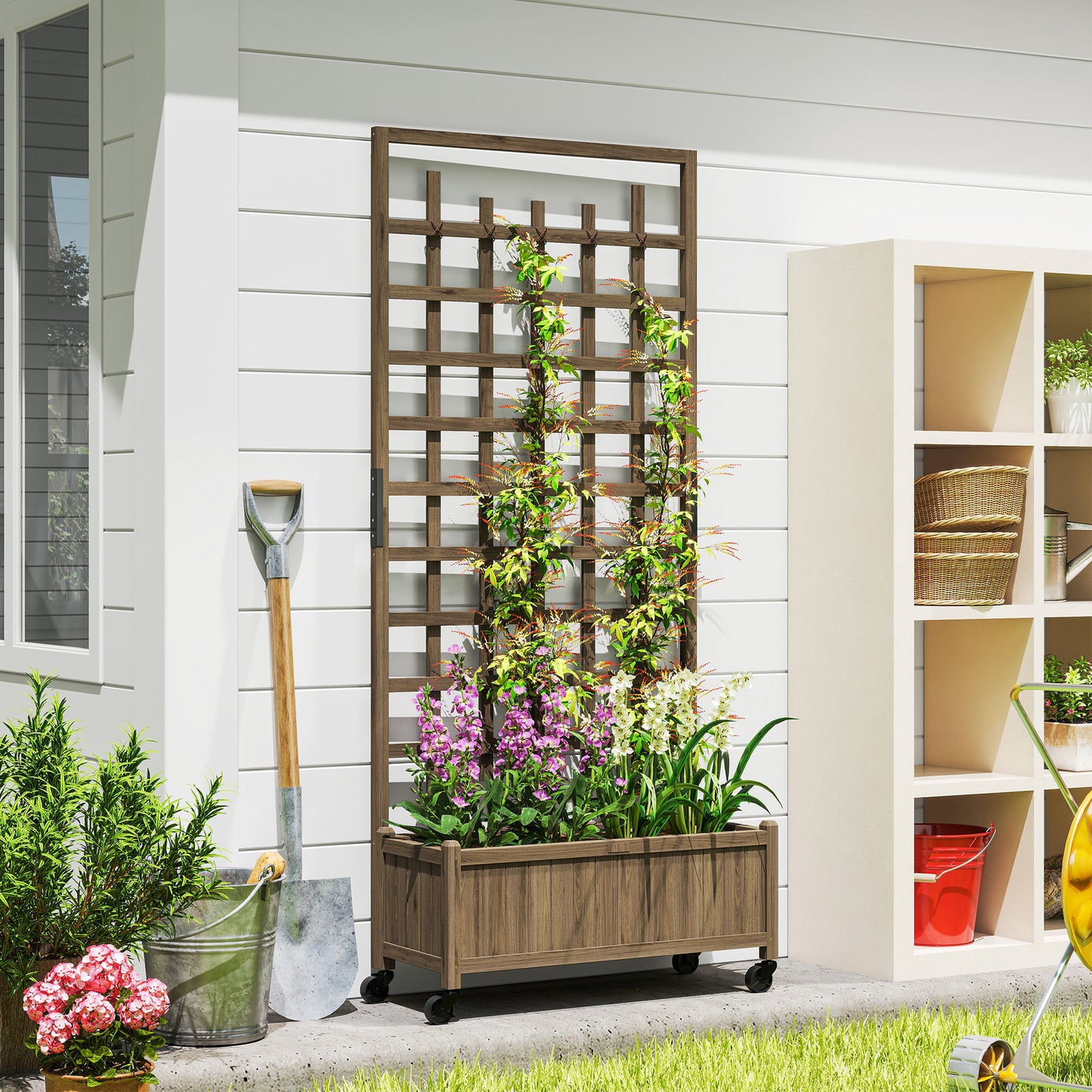 Wooden Trellis Planter, Raised Garden Bed with Wheels, to Climb and Grow Vegetables, Herbs and Flowers, Brown