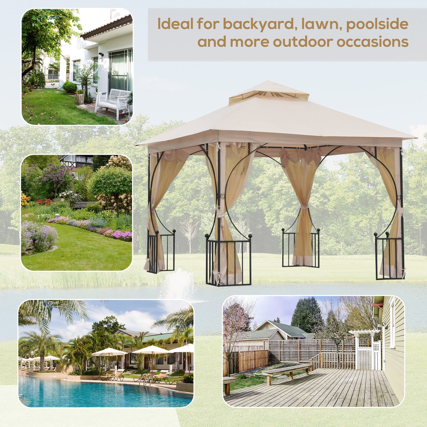 3 x 3(m) Garden Gazebo Patio Party Tent Shelter Outdoor Canopy Double Tier Sun Shade Metal Frame Netting, Beige