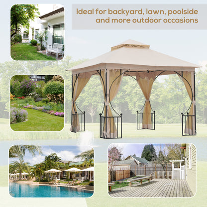 3 x 3(m) Garden Gazebo Patio Party Tent Shelter Outdoor Canopy Double Tier Sun Shade Metal Frame Netting, Beige