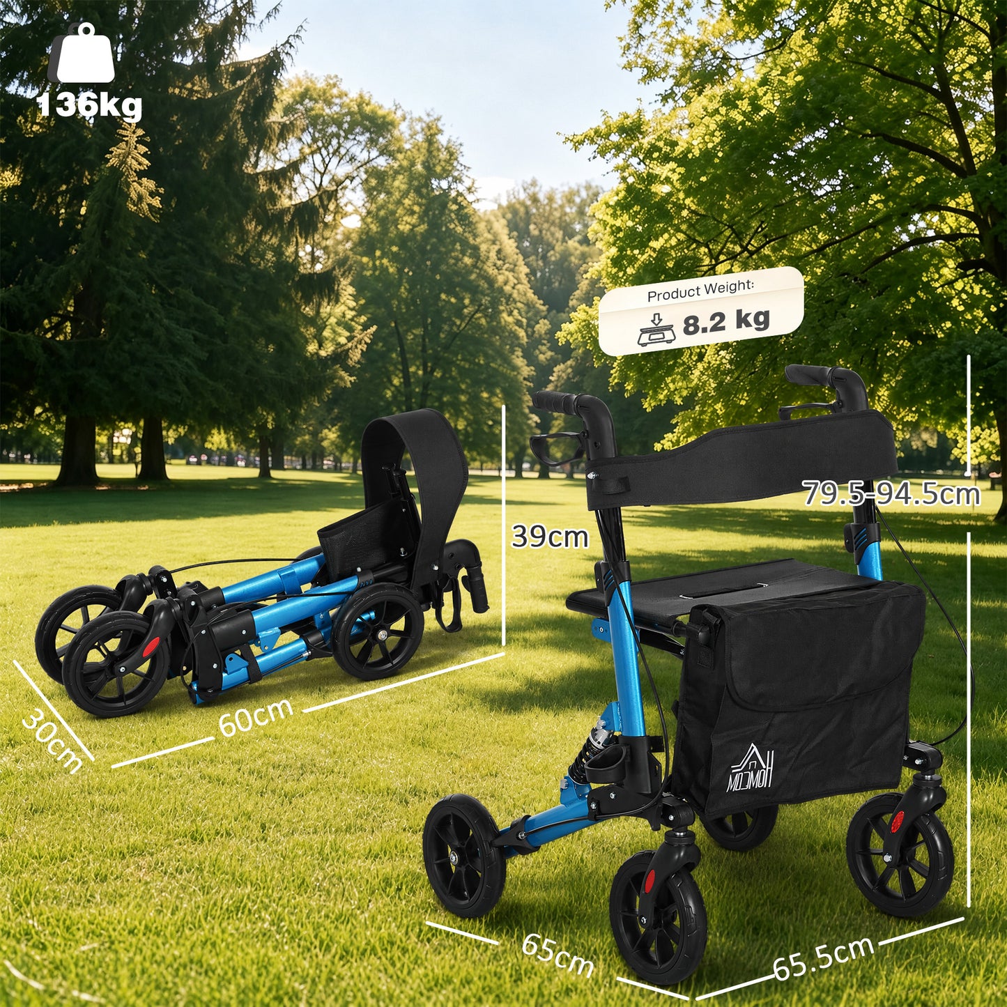 Folding Rollator Walker with Seat, Backrest, Lightweight Walking Frame with Storage Bag, Dual Brakes