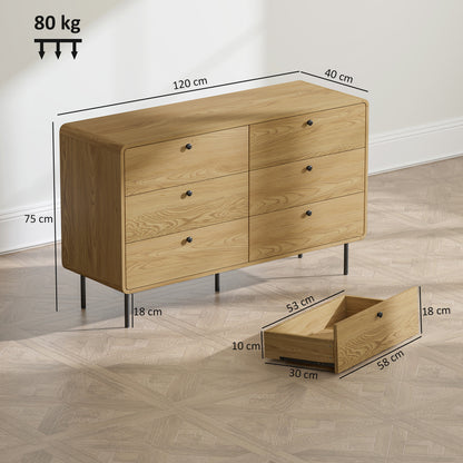 Chest of Drawers, 6 Drawer Dresser - Oak