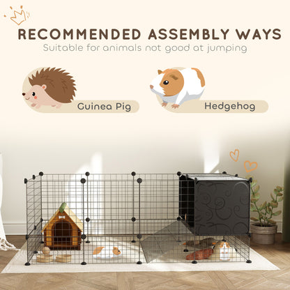 DIY Small Animal Cage with Elevated Huts, C&C Cage for Guinea Pigs, Hedgehogs, Rabbits, 31 Panels, Black