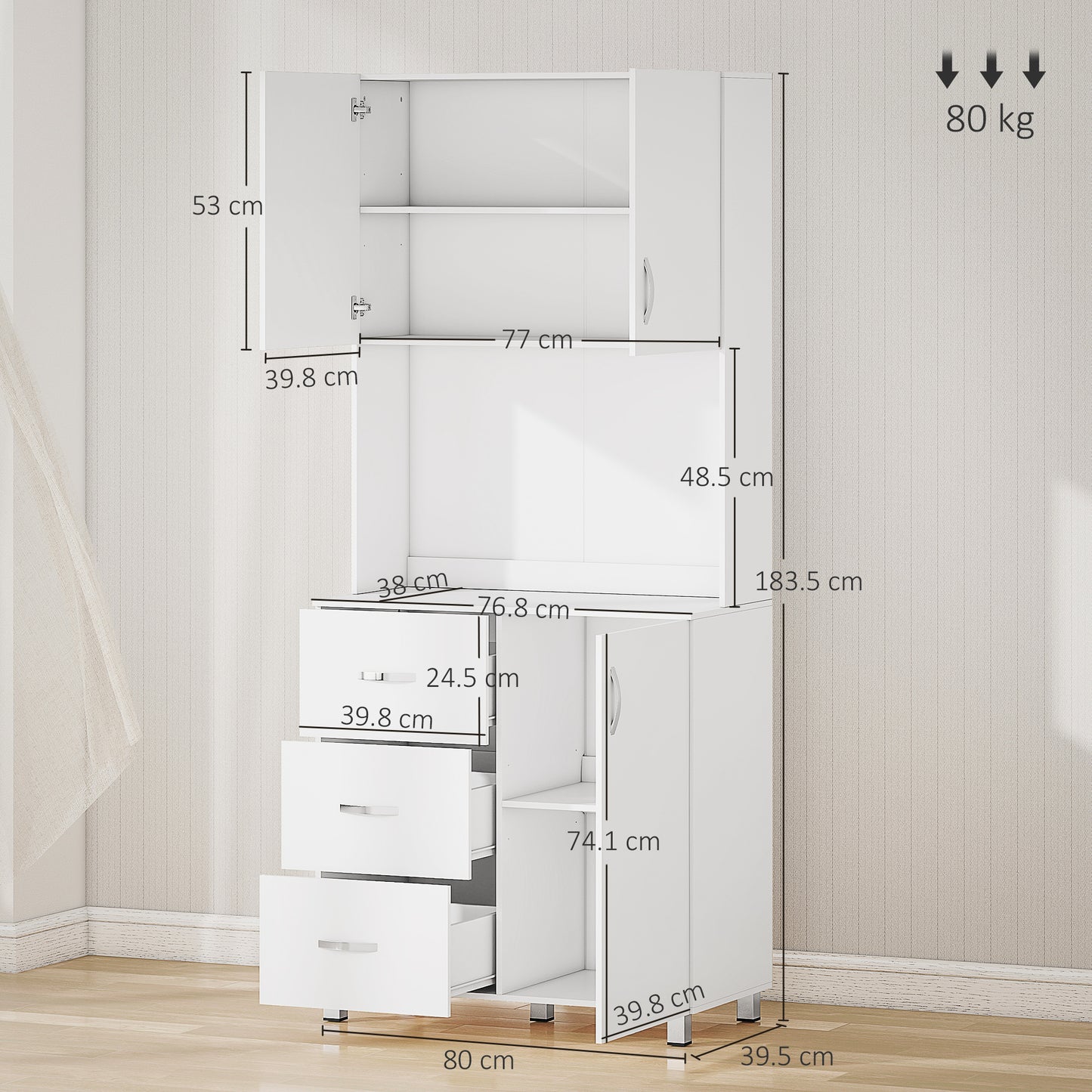 183.5cm Free standing Kitchen Cupboard, Storage Cabinet with Doors and Sheleves, 3 drawers and Open Space