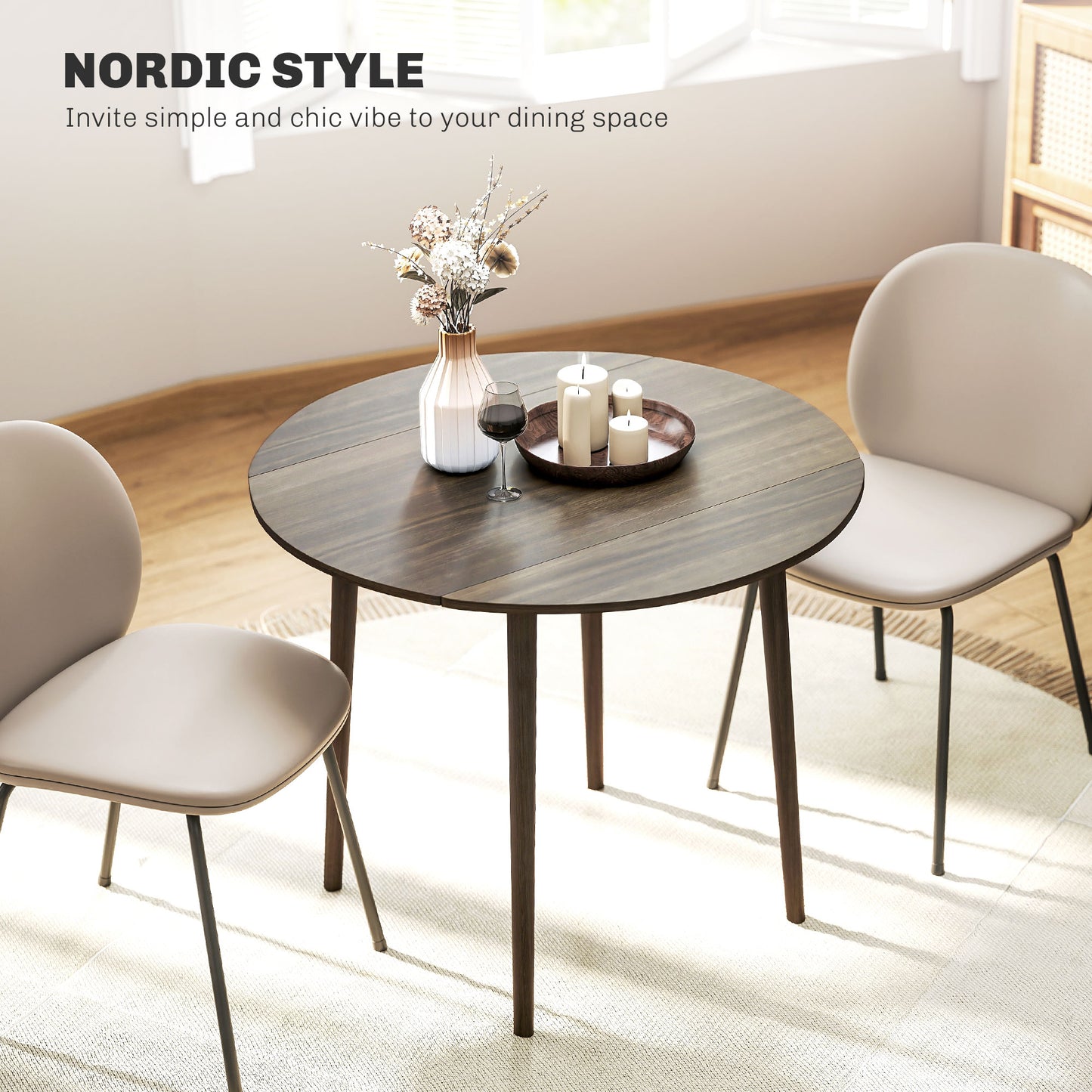 Folding Dining Table for 4, Round Drop Leaf Table, Modern Space Saving Small Kitchen Table with Wood Legs for Dining Room