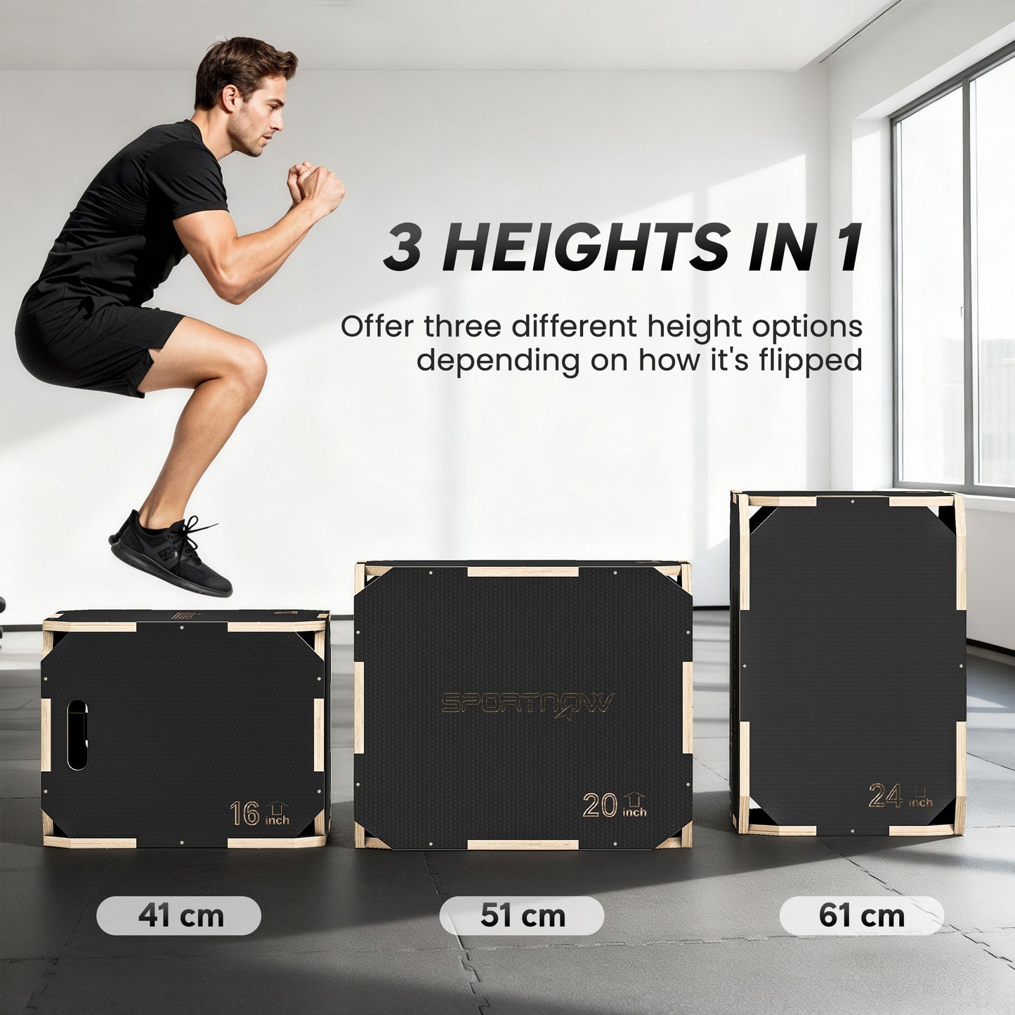 Non-Slip Plyo Box, Corner-free Wooden Jump Box, 41 x 61 x 51 cm