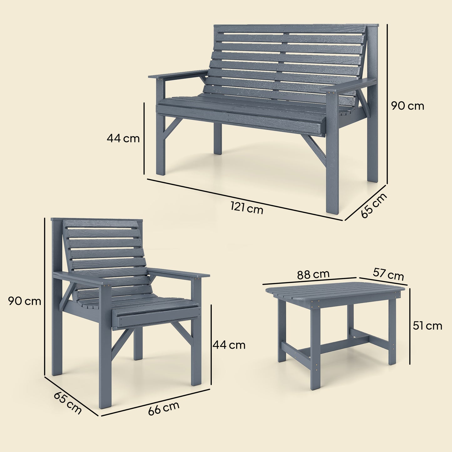 4 Piece Wooden Garden Furniture Set, Outdoor Garden Sofa Set with 2 Armchairs, Loveseat and Coffee Table, Grey