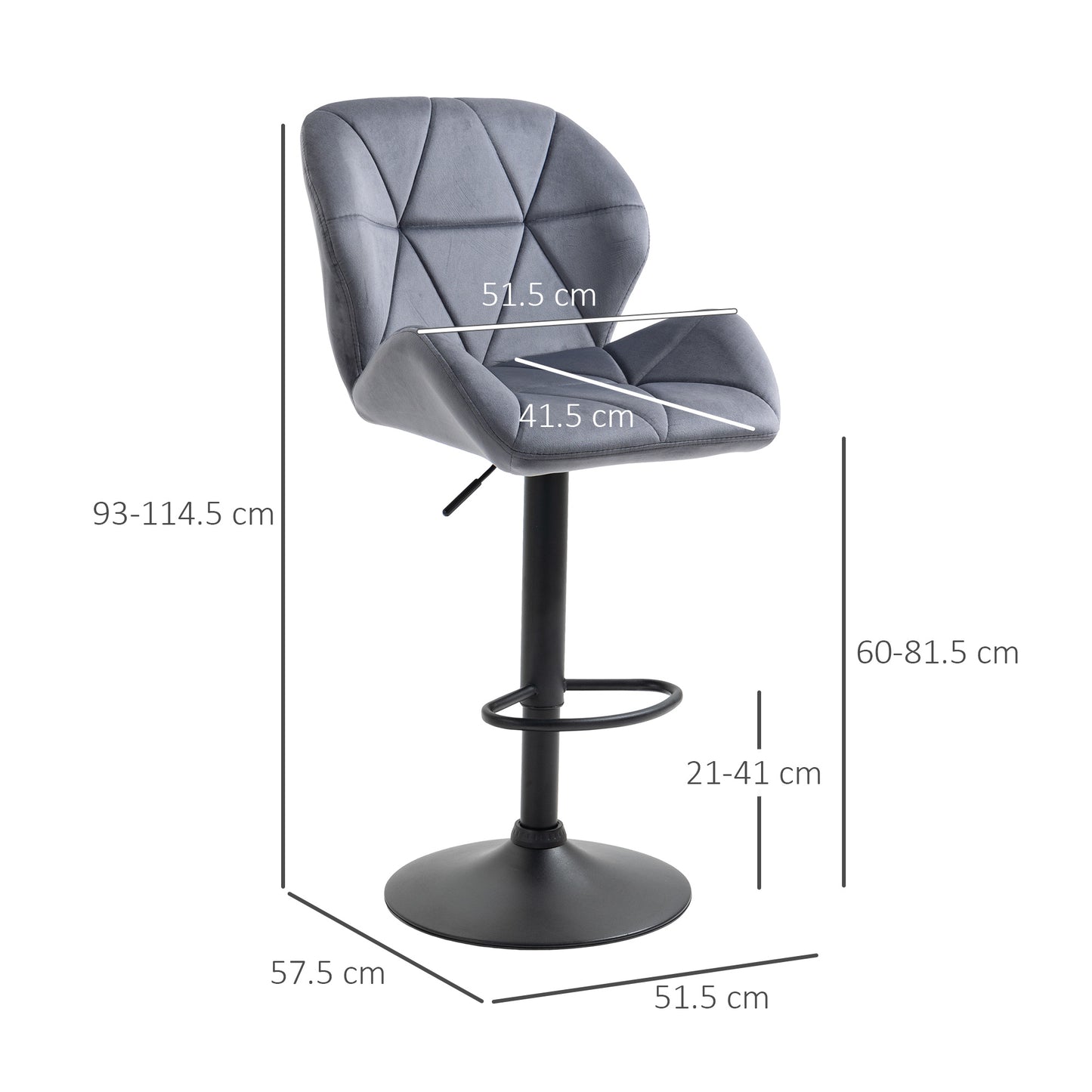 Bar Stools Set Of 2, Luxurious Velvet-Touch Barstools with Metal Frame Footrest Round Base Triangle Indenting Moulded Seat Ad