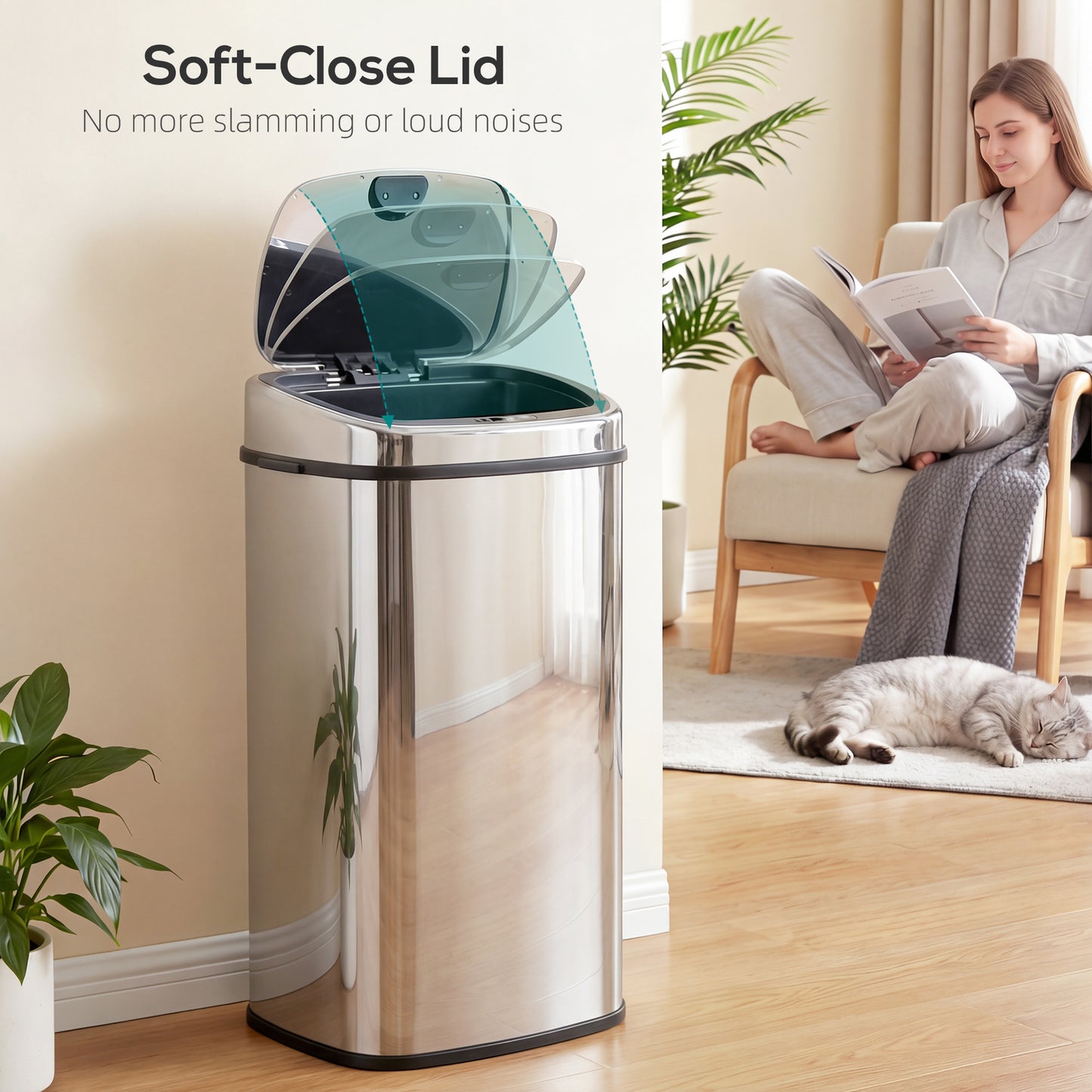 68L Automatic Sensor Bin, Touchless Stainless Steel Kitchen Rubbish Bin, Hands-Free Infrared Waste Dustbin