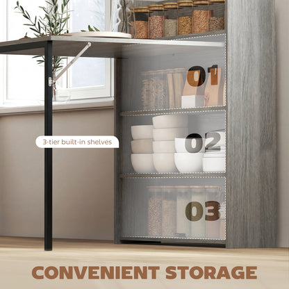 Kitchen Table, Folding Dining Table, with 4-Tier Shelves, Modern Drop-Leaf Table, Grey Wood Effect