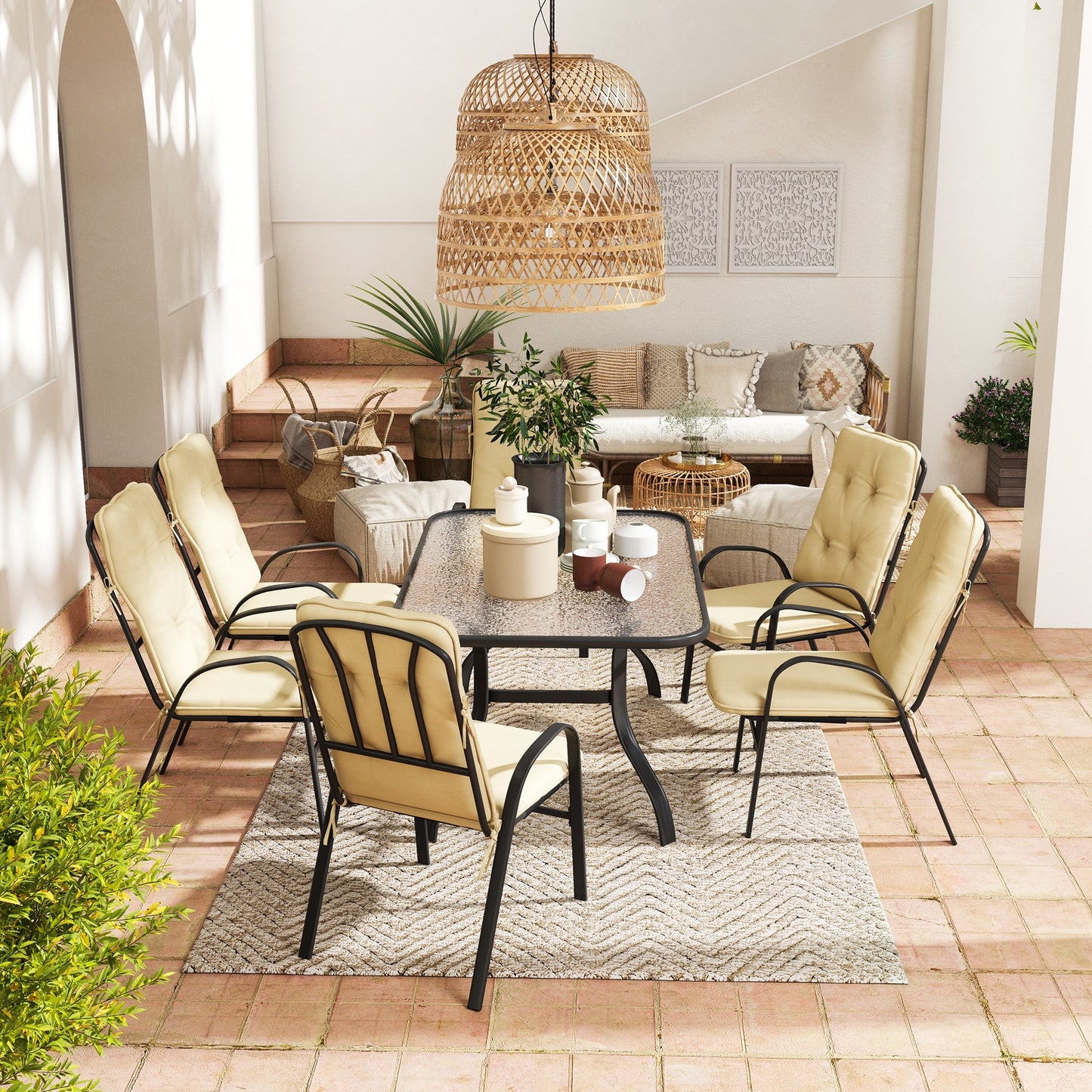 Seven-Piece Garden Dining Set with Ripple Tempered Glass Tabletop and Full-size Cushions - Beige