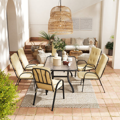 Seven-Piece Garden Dining Set with Ripple Tempered Glass Tabletop and Full-size Cushions - Beige