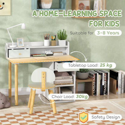 Two-Piece Children Study Table with Hutch, Kids Desk and Chair Set with Storage, Drawer, Shelves, Green