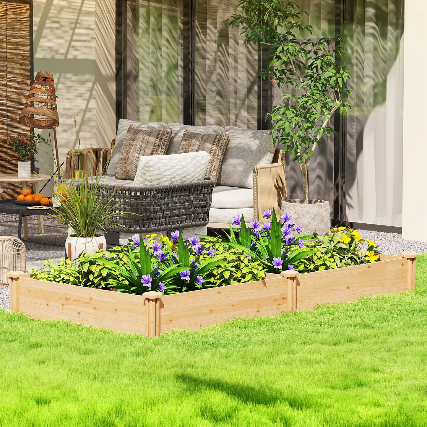 Raised Garden Bed, Wooden Planter Box with Divider and Open Bottom for Flowers, Herbs, Vegetables, DIY Painting
