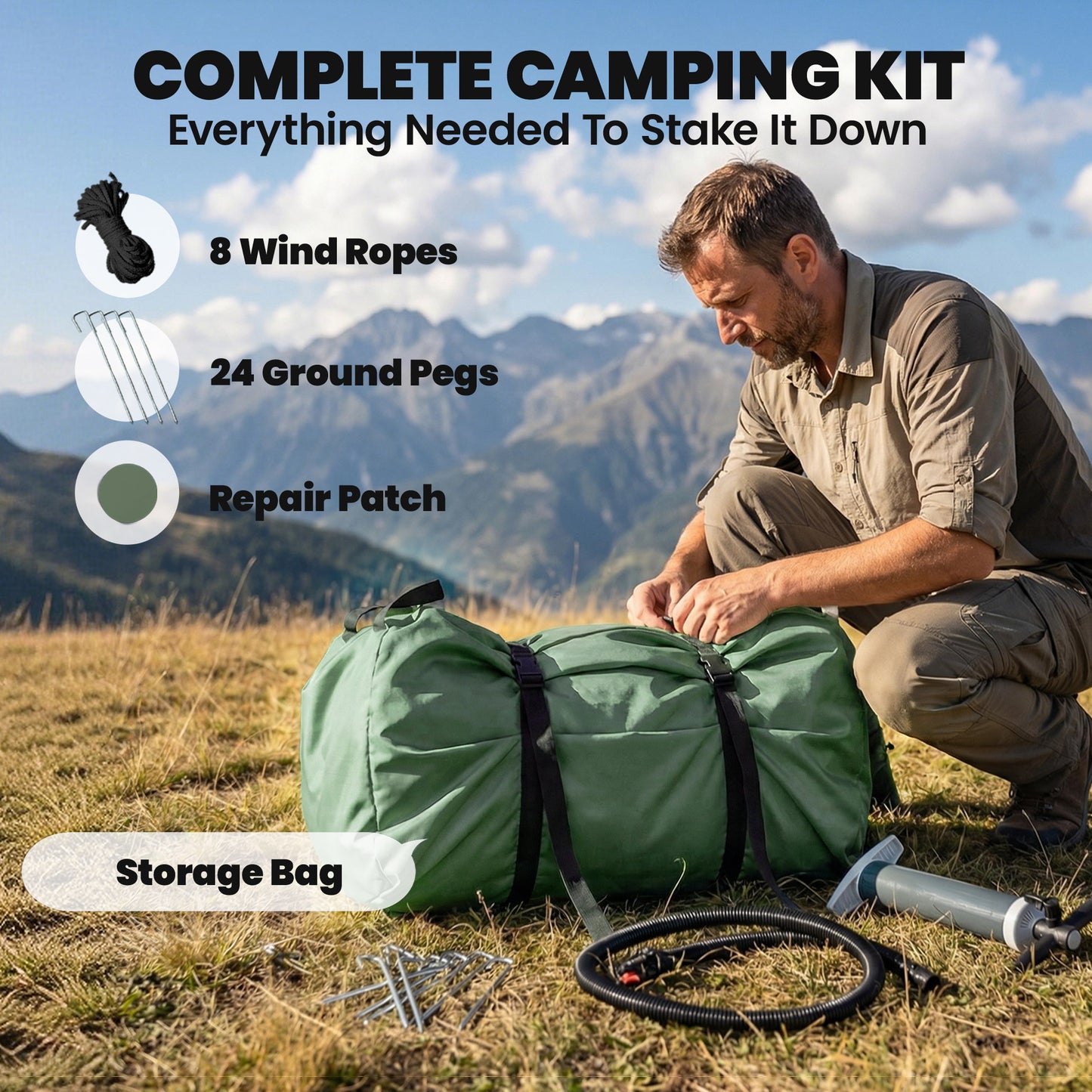 Inflatable Camping Tent, 4 Season Hot Tent 10000mm Waterproof with Chimney Opening, Sky Light and Air Pump, Green