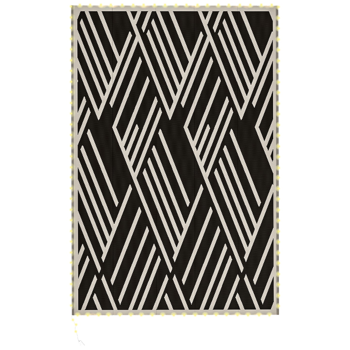 Plastic Straw Reversible RV Outdoor Rug with LED String Light, 182 x 274cm, Black and Coffee