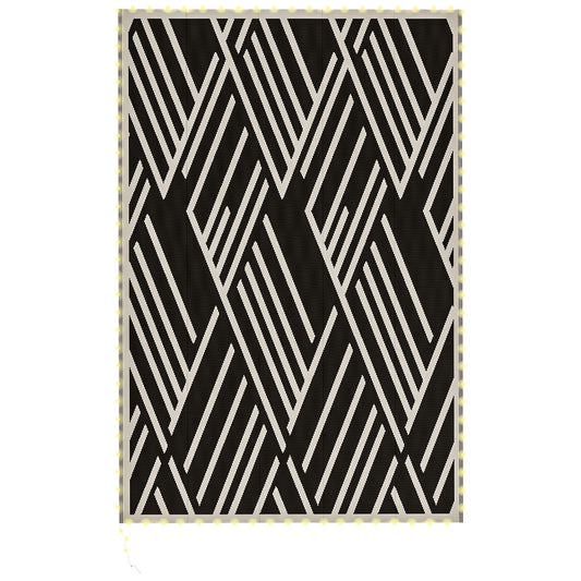 Plastic Straw Reversible RV Outdoor Rug with LED String Light, 182 x 274cm, Black and Coffee