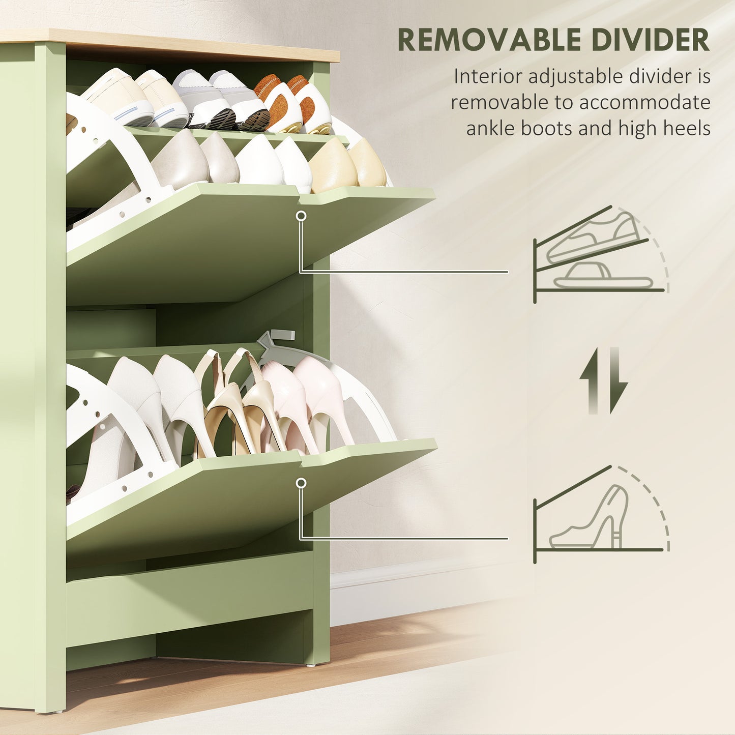 Slim Shoe Cabinet, Narrow Shoe Cupboard with 2 Flip Drawers, Adjustable Shelves for 12 Pairs of Shoes, Green