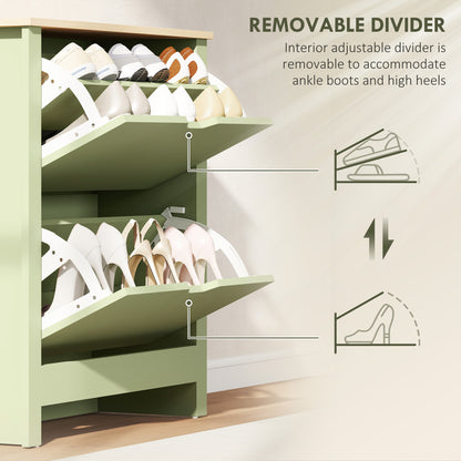 Slim Shoe Cabinet, Narrow Shoe Cupboard with 2 Flip Drawers, Adjustable Shelves for 12 Pairs of Shoes, Green
