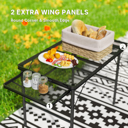 Folding Grill Table, 4.5ft Portable Camping Table with 2 Wing Panels, Height Adjustable Metal Picnic Table for Camping