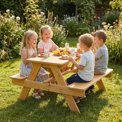 Kids Picnic Table for Outdoor Wooden Table & Bench Set with Integrated Benches Natural Wood