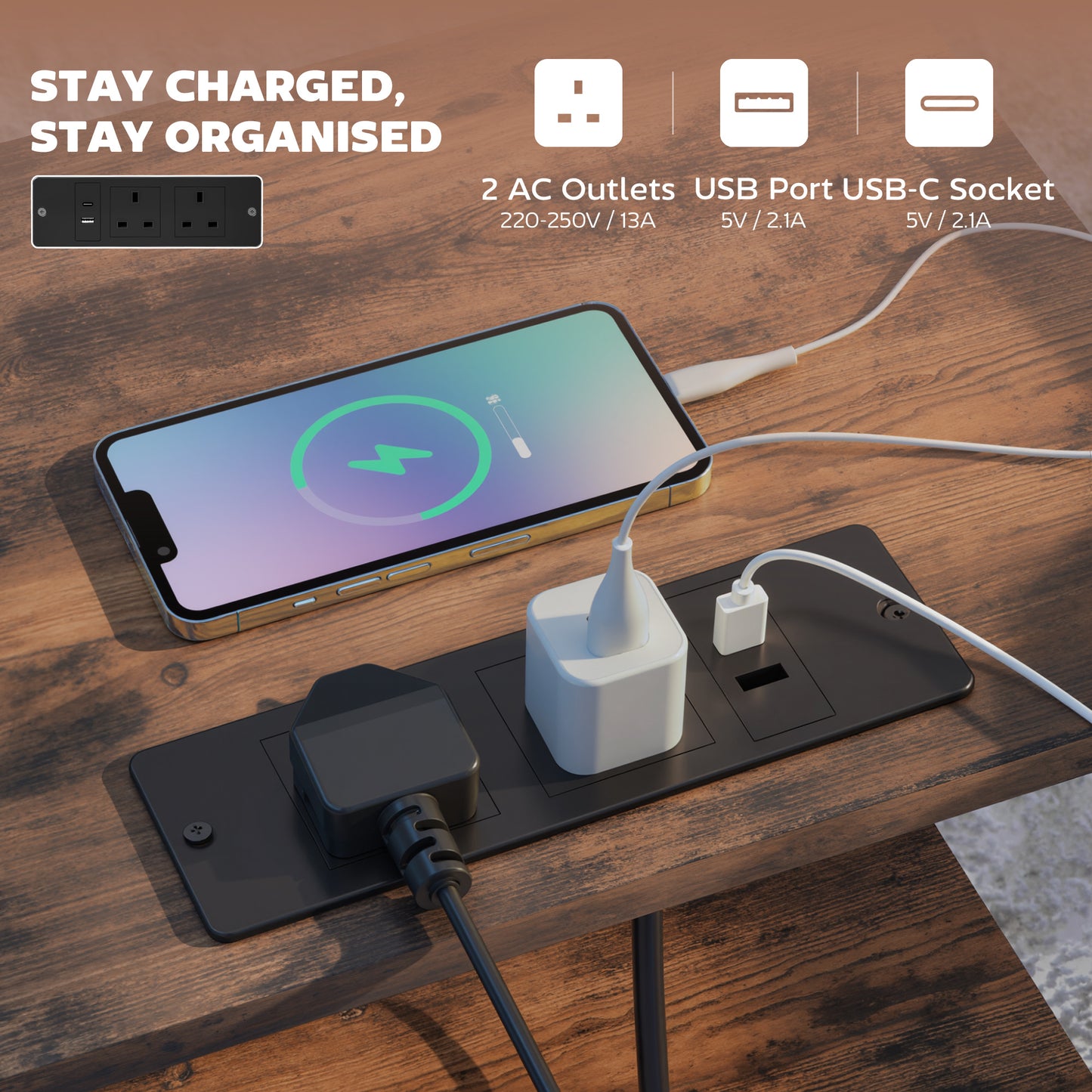 Bedside Table with Charging Station - Rustic Brown
