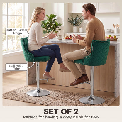 Bar Stools Set of 2, Modern Swivel & Adjustable Velvet Barstools with Button-Tufted Back, Footrest for Home Bar, Green
