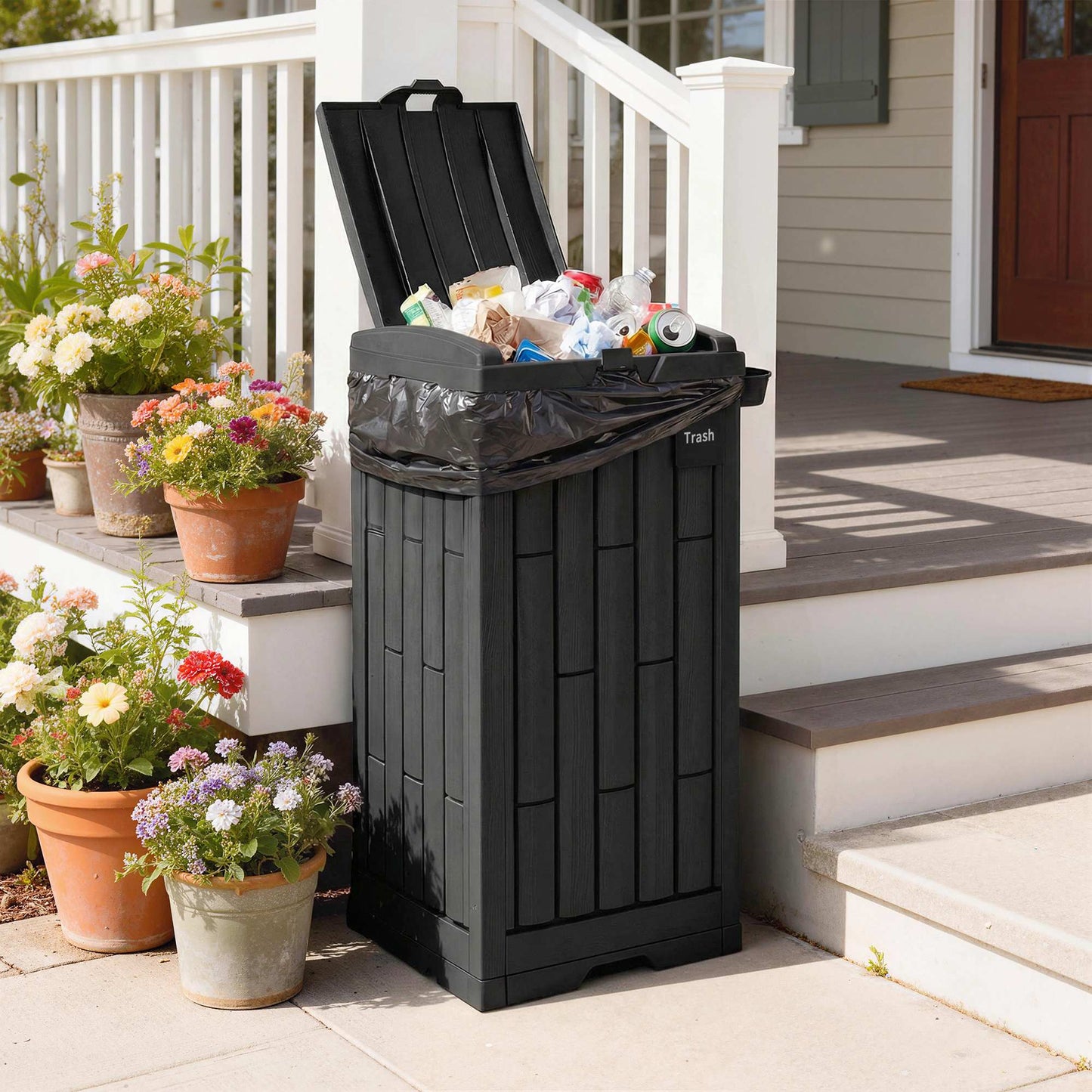 110 L Outdoor Bin with Dual Lid, Waterproof Plastic Trash Bin with Ashtray and Drip Tray, Garden Waste Trash Bin, Black